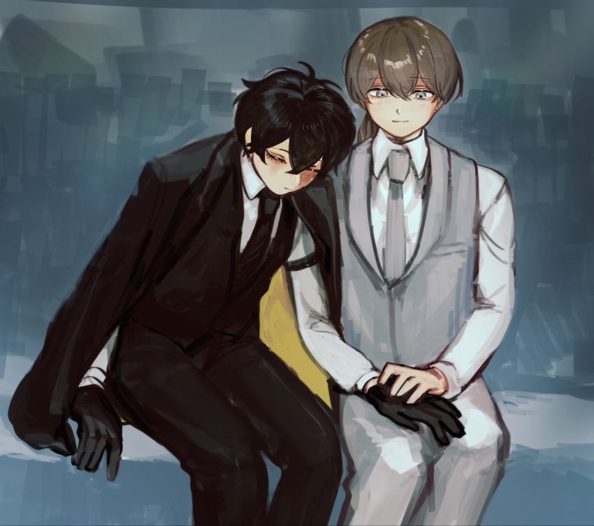 2boys, amano_mashiro, black_gloves, black_hair, black_jacket, black_necktie, black_pants, black_suit
