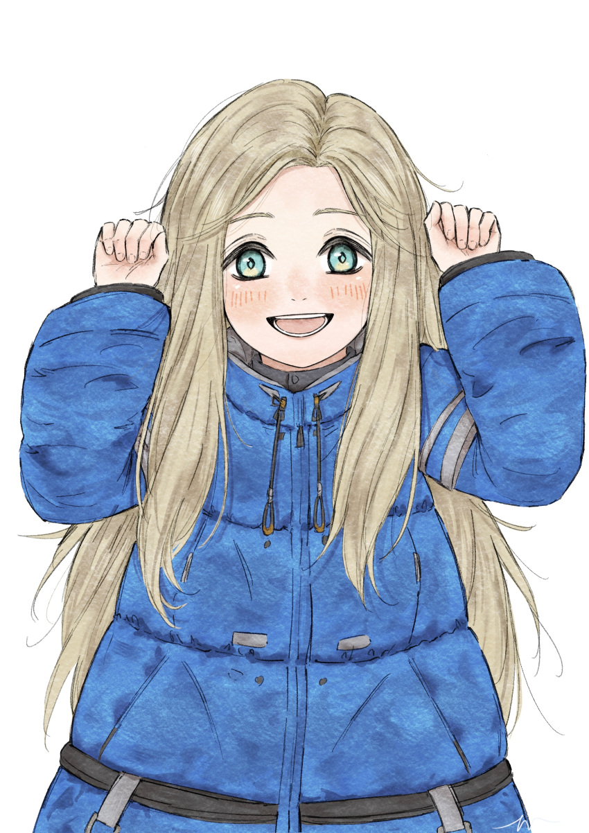 1girl, :d, absurdres, aqua_eyes, blonde_hair, blue_coat, blush, coat, commentary_request, diana_(pragmata), drawstring, hands_up, highres, kayu0315, long_hair, long_sleeves, looking_at_viewer, open_mouth, padded_coat, pragmata, signature, simple_background, smile, solo, teeth, upper_body, white_background