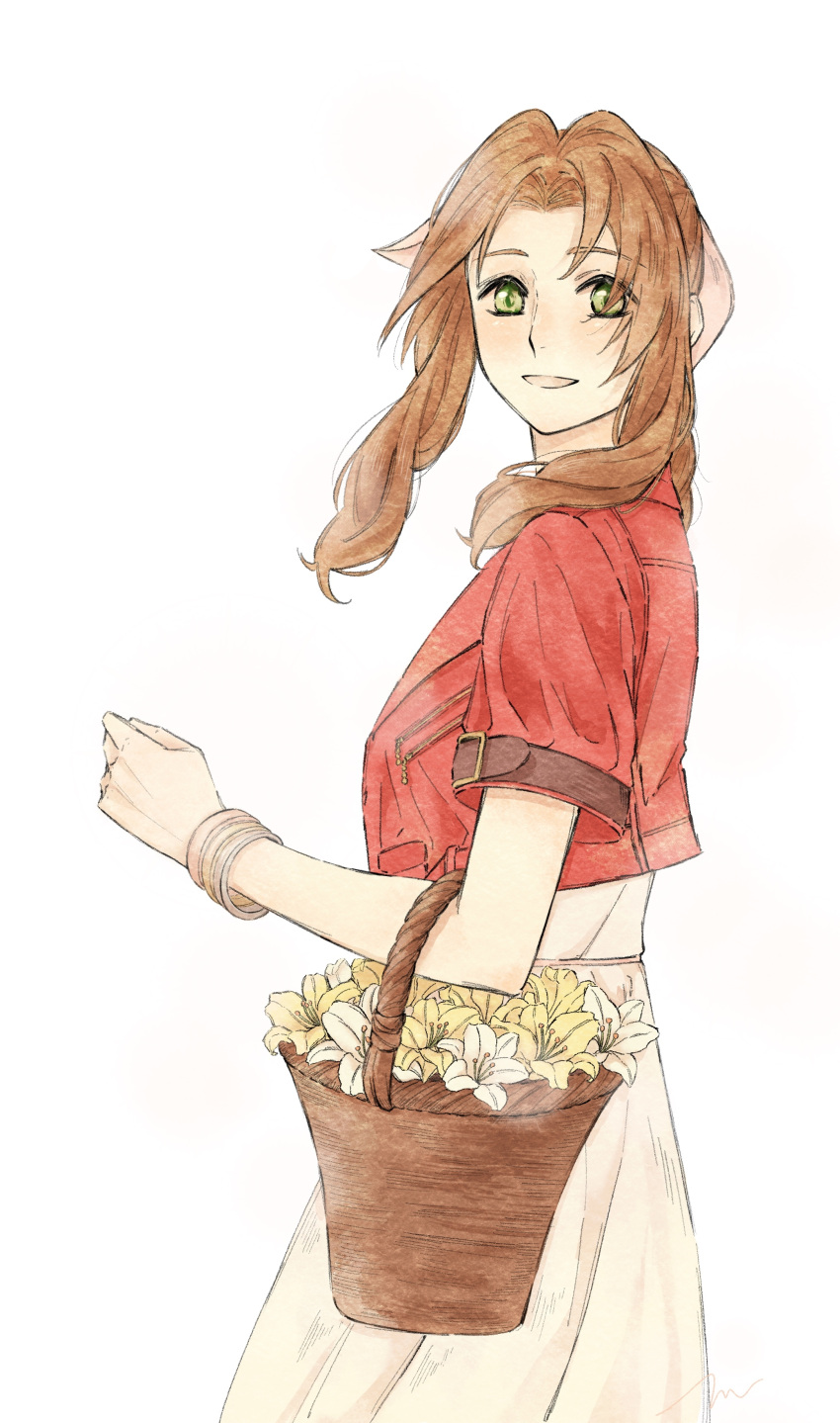 1girl, absurdres, aerith_gainsborough, bangle, basket, bracelet, braid, braided_ponytail