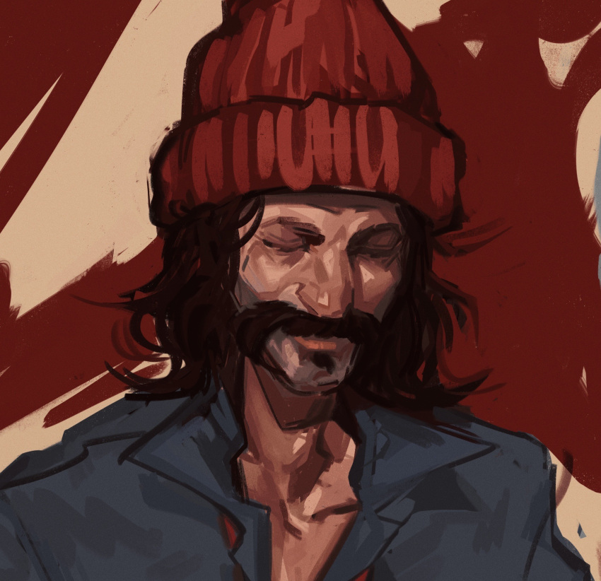 1boy, beanie, black_hair, blue_shirt, call_me_manana_(disco_elysium), closed_eyes, collared_shirt, disco_elysium