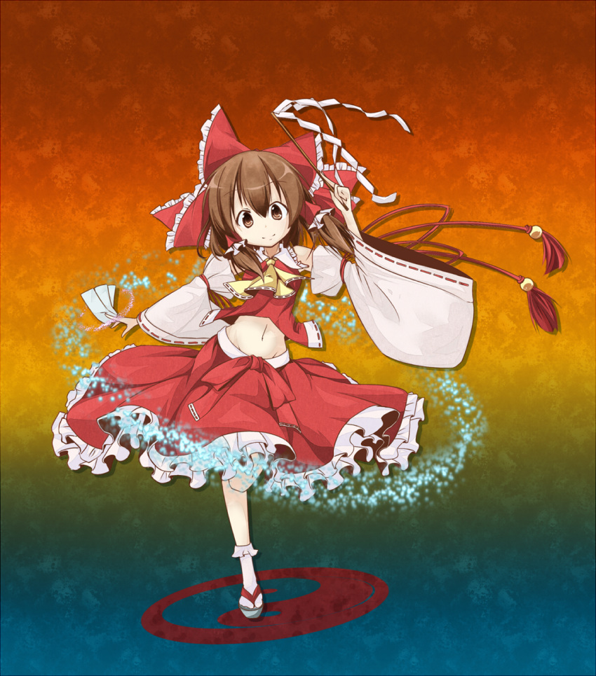 ascot, bow, brown_eyes, brown_hair, clog_sandals, colored, detached_sleeves, gohei, hair_bow, hair_tubes, hakurei_reimu, highres, japanese_clothes, llquit, midriff, miko, mound_of_venus, navel, ofuda, skirt, solo, standing_on_one_leg, tassel, tobi_(nekomata_homara), touhou, white_legwear