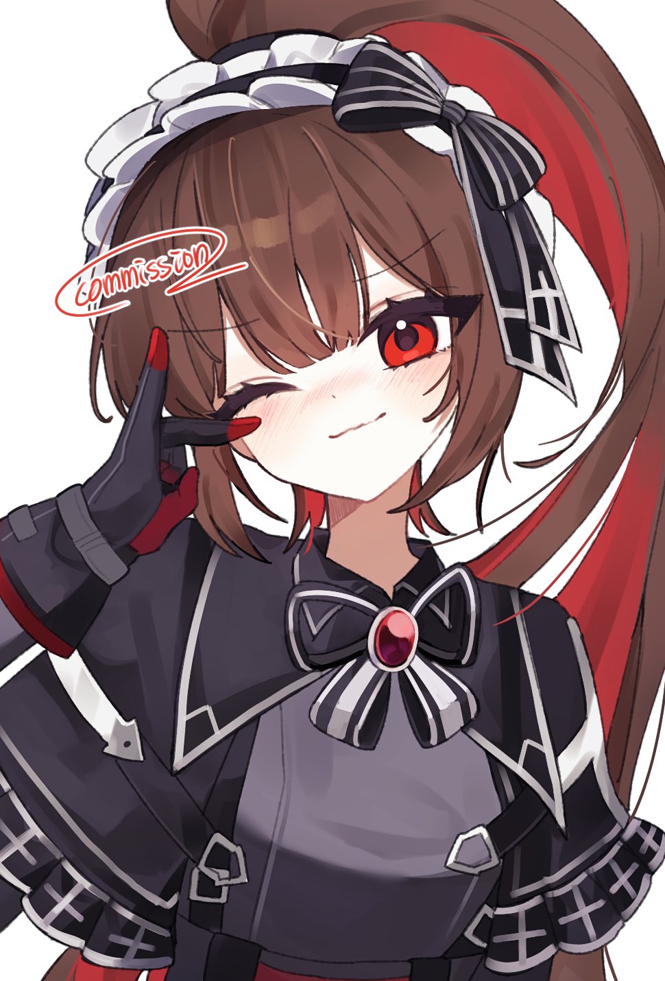 1girl, black_dress, black_headdress, black_ribbon, black_survival, brown_hair, commentary_request, commission