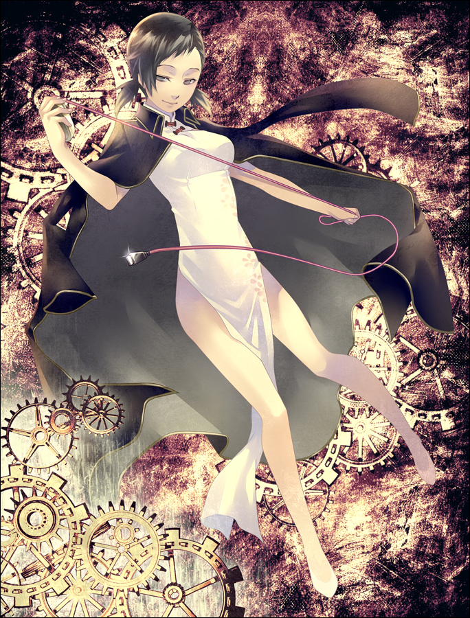 brown_eyes, cable, china_dress, chinese_clothes, computer_mouse, cord, devil_survivor_(series), devil_survivor_2