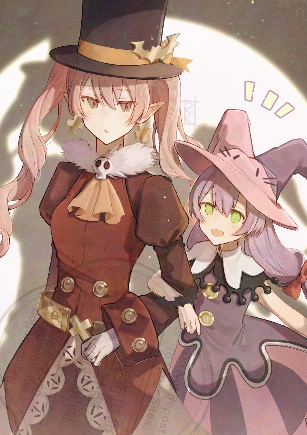2girls, ascot, bat_hat_ornament, commentary_request, cross, cross_earrings, dolce_(rune_factory), earrings