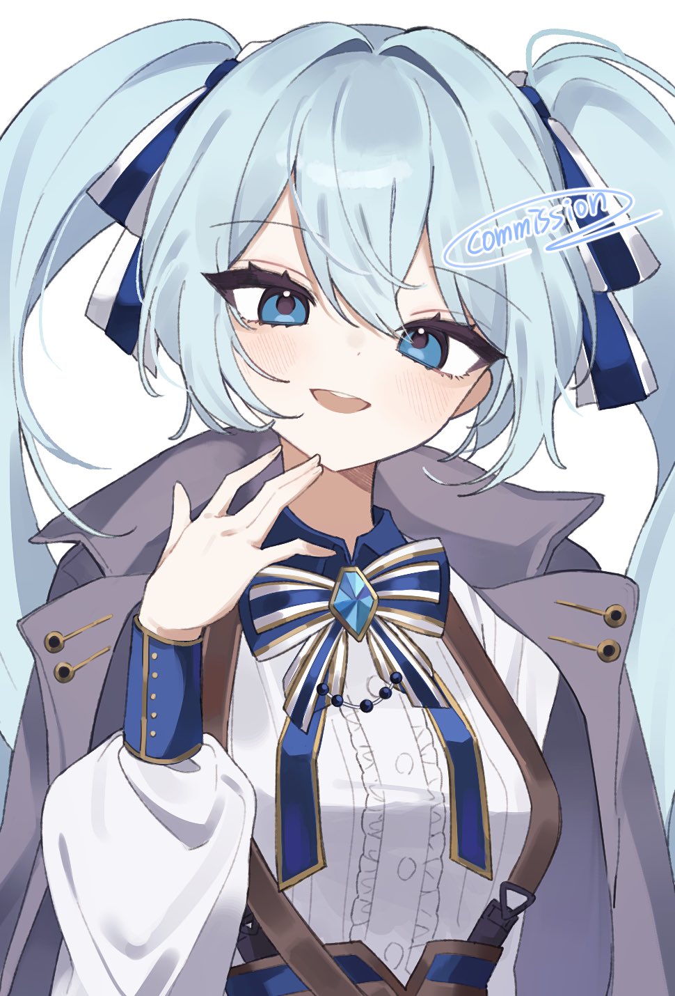 1girl, black_survival, blue_eyes, blue_hair, blue_ribbon, brown_coat, coat, coat_on_shoulders