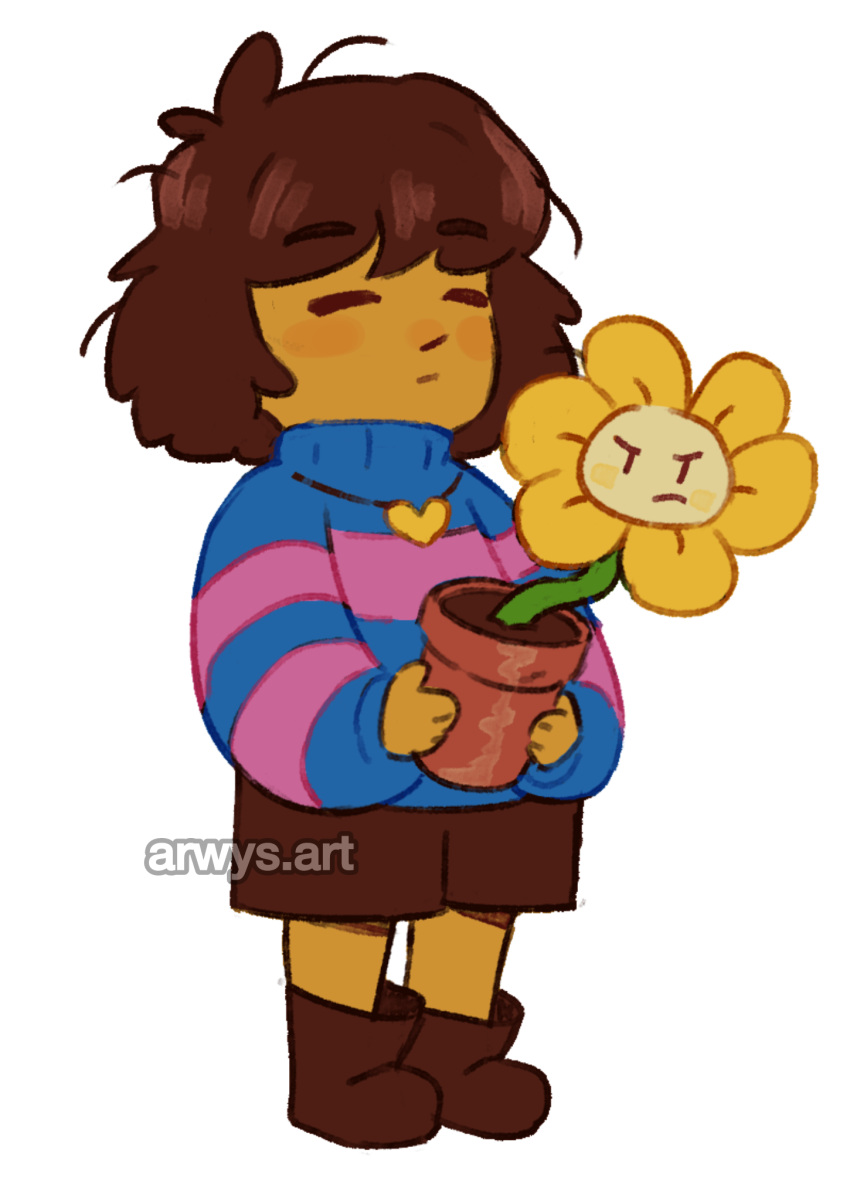 1other, :|, artist_name, arwy_(arwys_art), closed_mouth, commentary, english_commentary, expressionless, flower, flowey_(undertale), frisk_(undertale), frown, full_body, heart_bed, highres, plant, potted_plant, undertale, utdr_(toby_fox), v-shaped_eyebrows, white_background