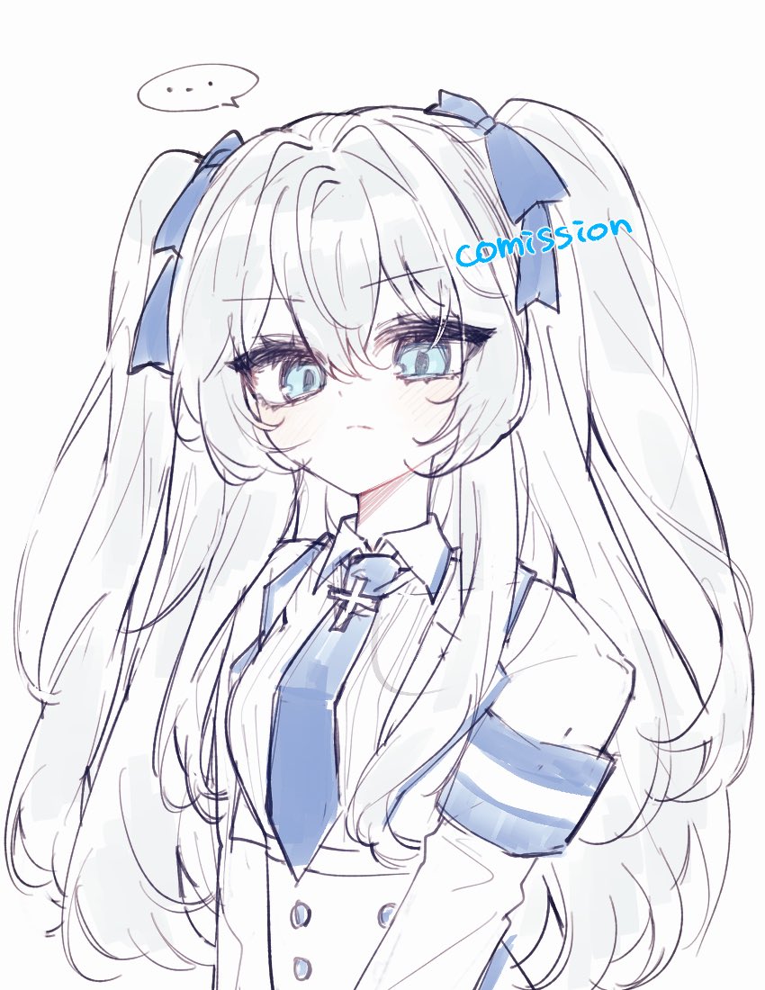 1girl, armband, black_survival, blue_armband, blue_eyes, blue_necktie, blue_ribbon, closed_mouth