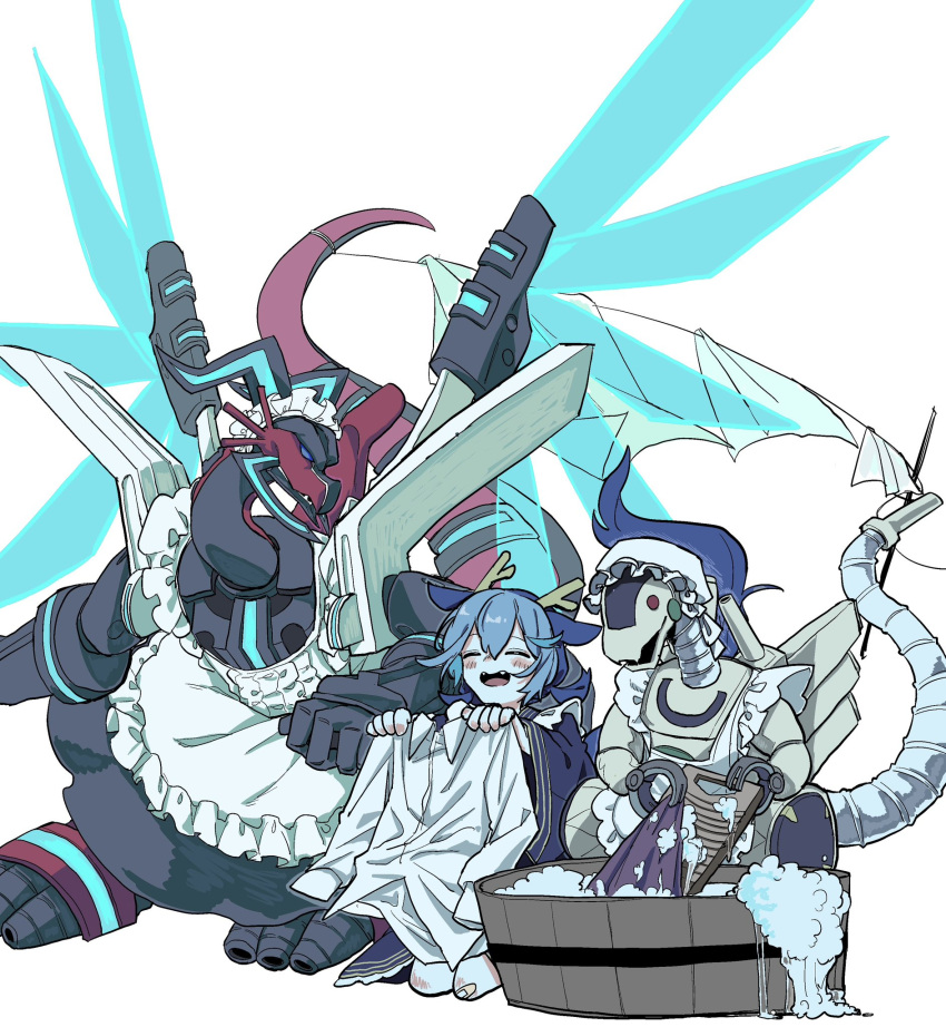 1girl, aosk_ygo, apron, borreload_dragon, character_request, clothesline, commentary_request, dragon