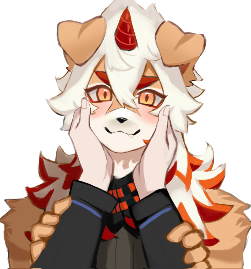 1boy, animal_ears, apizbau, arknights, black_shirt, blush, colored_tips, commentary_request
