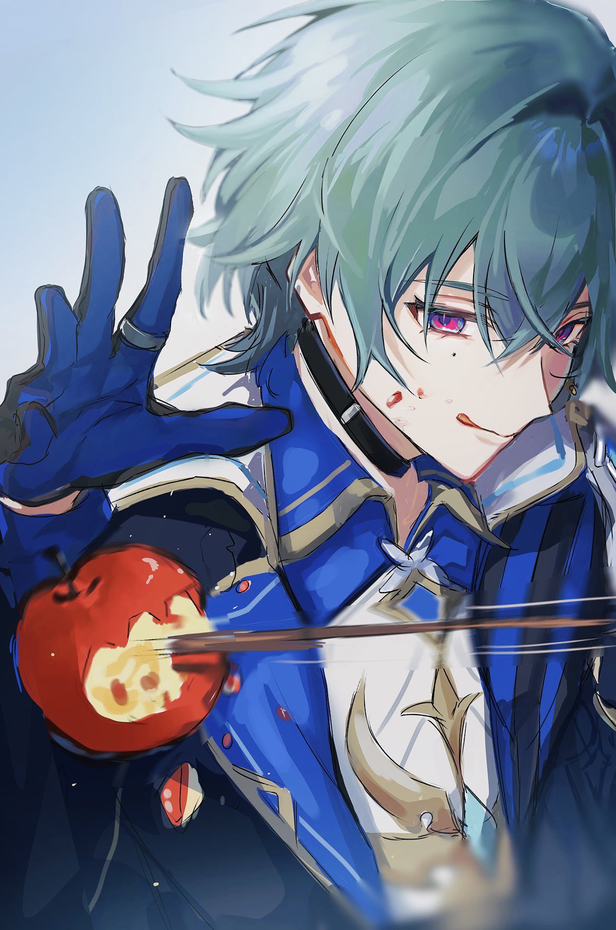 1boy, ahoge, apple, armor, arrow_(projectile), belt, belt_collar, black_belt