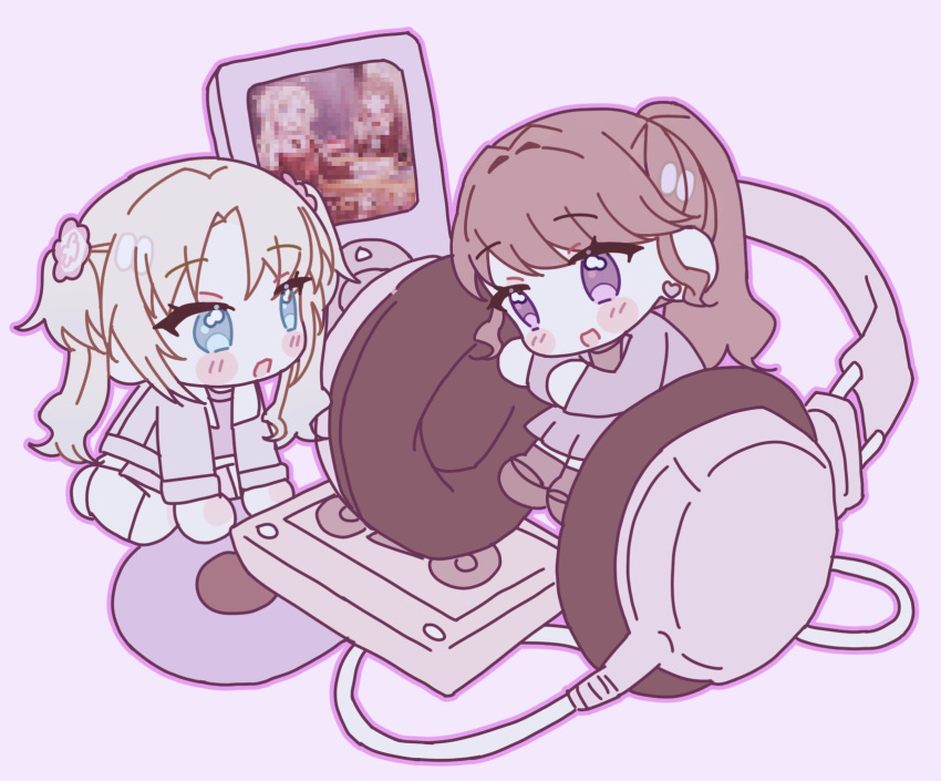17_(i77_com), 2girls, :d, black_sweater, blush, brown_hair, cassette_player, cassette_tape