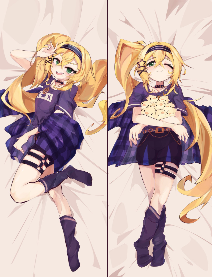 1girl, bird, black_hairband, black_nails, black_shirt, black_shorts, black_socks, blonde_hair