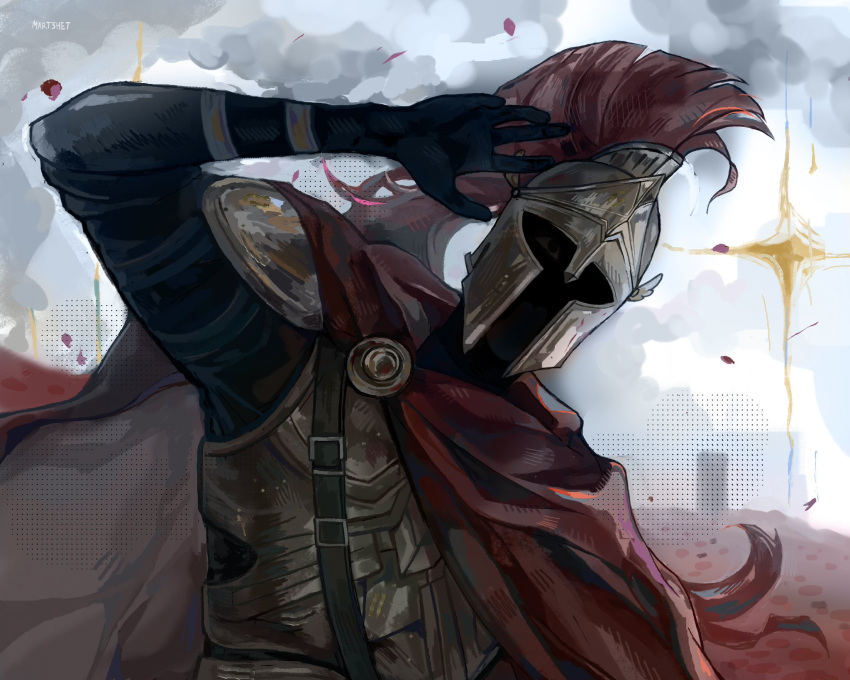 1boy, armor, ben-day_dots, breastplate, building, cape, chest_belt, commentary