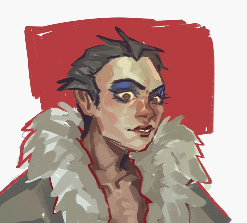 1girl, aegyo_sal, black_hair, blue_eyeshadow, brown_eyes, cindy_the_skull_(disco_elysium), colored_sclera, disco_elysium, eyeshadow, fur_trim, highres, jacket, looking_at_viewer, makeup, painterly, parted_lips, portrait, showerwhoops, solo, yellow_sclera
