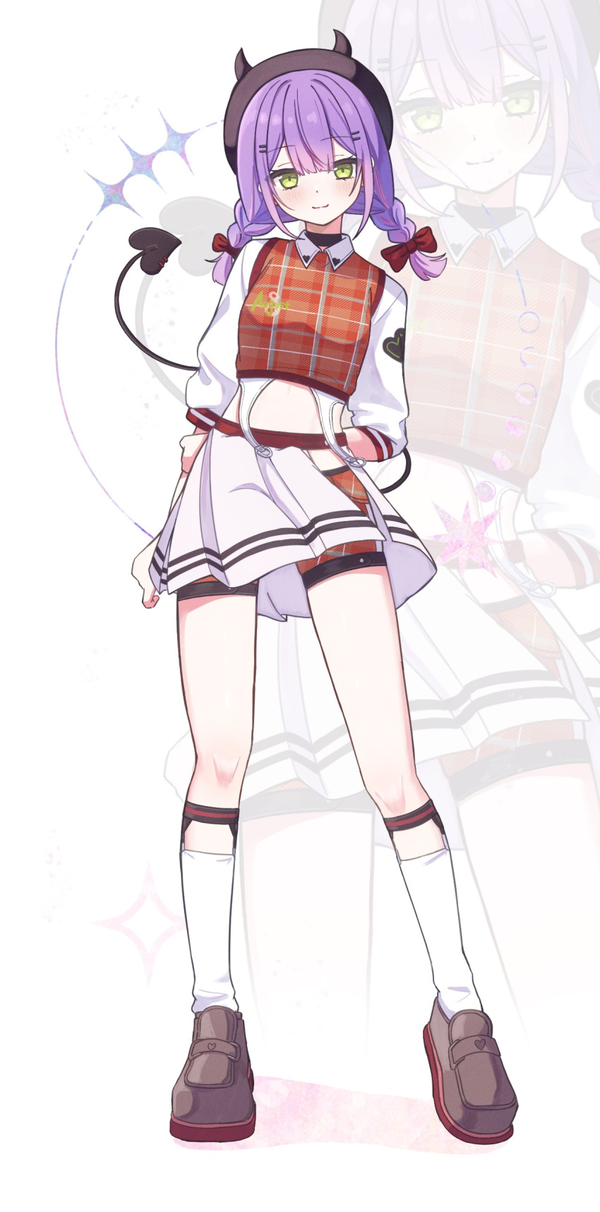 1girl, absurdres, anku, black_collar, black_horns, blush, bow, braid