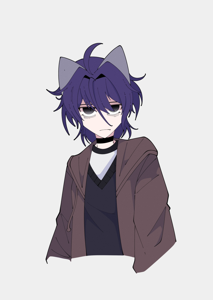 1girl, absurdres, ahoge, animal_ears, bags_under_eyes, black_eyes, black_shirt, brown_hoodie