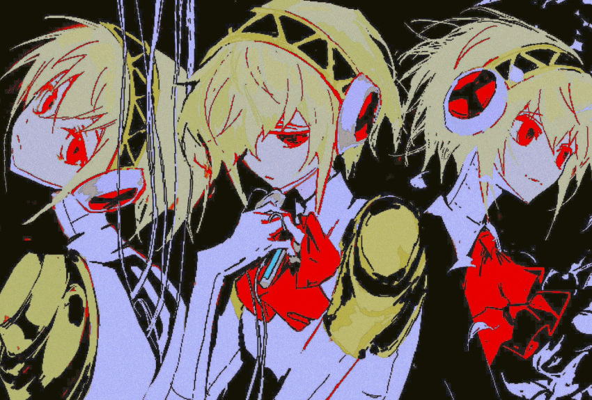 1girl, aigis_(persona), ascot, black_background, blonde_hair, closed_mouth, gekkoukan_high_school_uniform, hair_over_one_eye, hairband, highres, holding, holding_mp3_player, l8l828, looking_at_viewer, looking_down, looking_to_the_side, mechanical_arms, mp3_player, multiple_views, neck, persona, persona_3, red_ascot, red_eyes, robot_ears, robot_girl, school_uniform, short_hair, sidelocks, wire