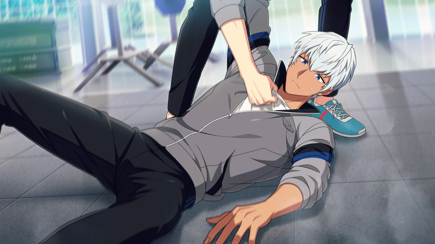 2boys, black_pants, blue_eyes, closed_mouth, dark-skinned_male, dark_skin, game_cg, grey_jacket
