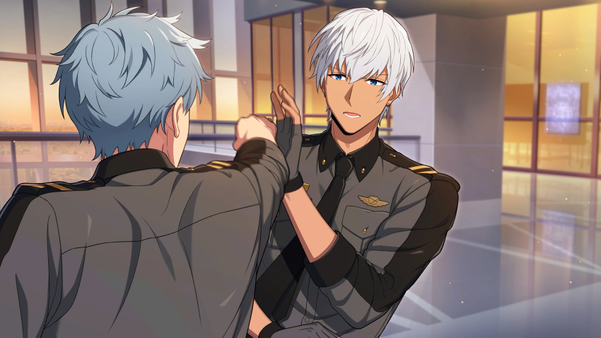 2boys, asch_albright, black_necktie, blue_eyes, breast_pocket, collared_shirt, dark-skinned_male, dark_skin