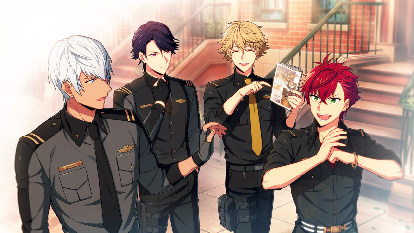 4boys, belt, black_gloves, black_necktie, blue_eyes, brad_beams, breast_pocket, collared_shirt