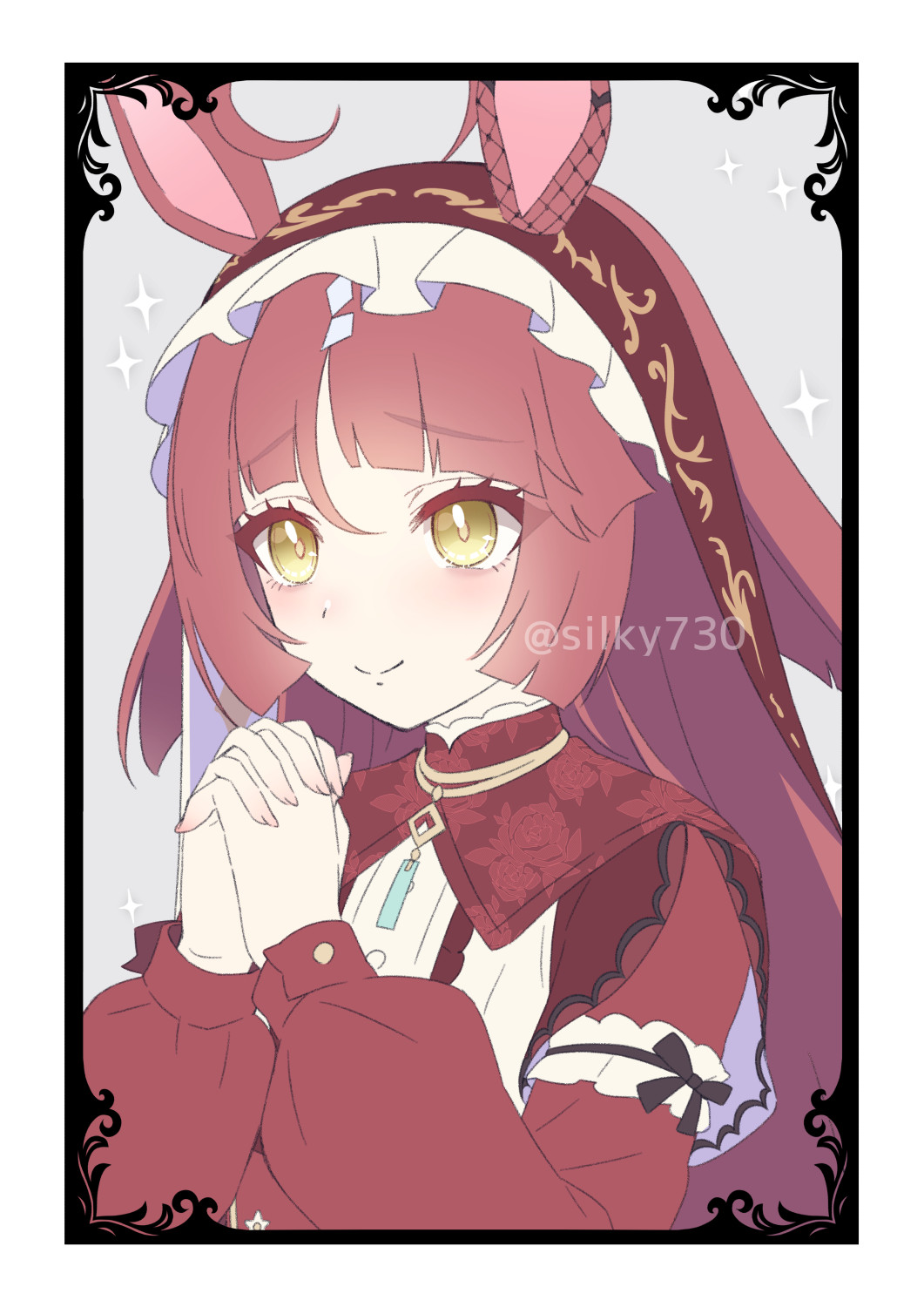 1girl, ahoge, animal_ears, blunt_ends, blunt_sidelocks, blush, closed_mouth, commentary, dress, frilled_hairband, frills, hair_between_eyes, hairband, highres, horse_ears, horse_girl, interlocked_fingers, layered_hair, long_hair, own_hands_clasped, own_hands_together, red_desire_(racing)_(umamusume), red_desire_(umamusume), red_dress, red_hair, red_hairband, red_headdress, red_veil, sidelocks, silky_(silky_alice), smile, solo, umamusume, upper_body, veil, yellow_eyes