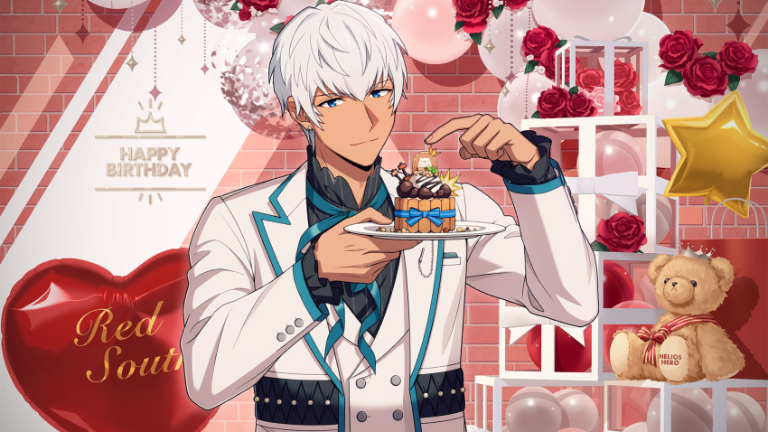 1boy, balloon, black_shirt, blue_eyes, box, brick_wall, cake, dark-skinned_male
