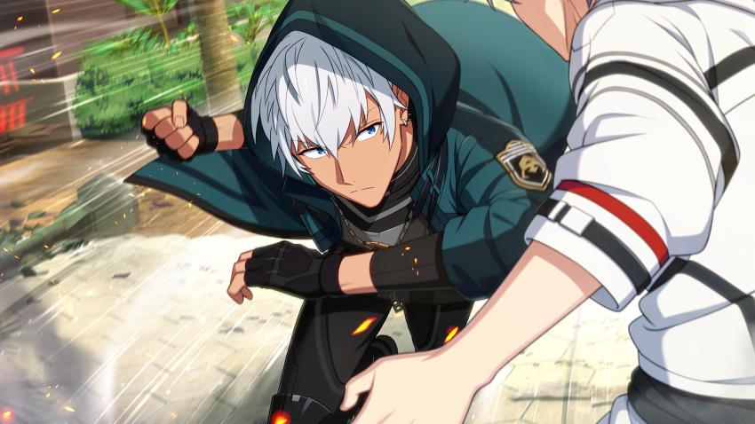 2boys, black_gloves, blue_eyes, clenched_hand, dark-skinned_male, dark_skin, earrings, fingerless_gloves