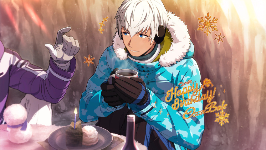 2boys, blue_eyes, candle, cup, dark-skinned_male, dark_skin, earmuffs, food
