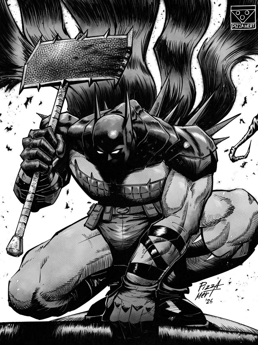 1boy, absolute_batman, absolute_dc, absurdres, animal_ears, axe, back_spikes, bat_ears