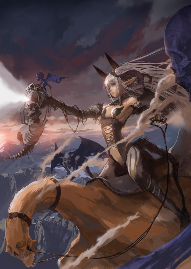 bare_shoulders, breasts, corset, demon_girl, fuyuno_haruaki, horns, landscape, long_hair, monster, mountains, original, partial_skeleton, pointy_ears, riding, saddle, silver_hair, skeleton, skull, sky, solo, under_boob, underboob, wings