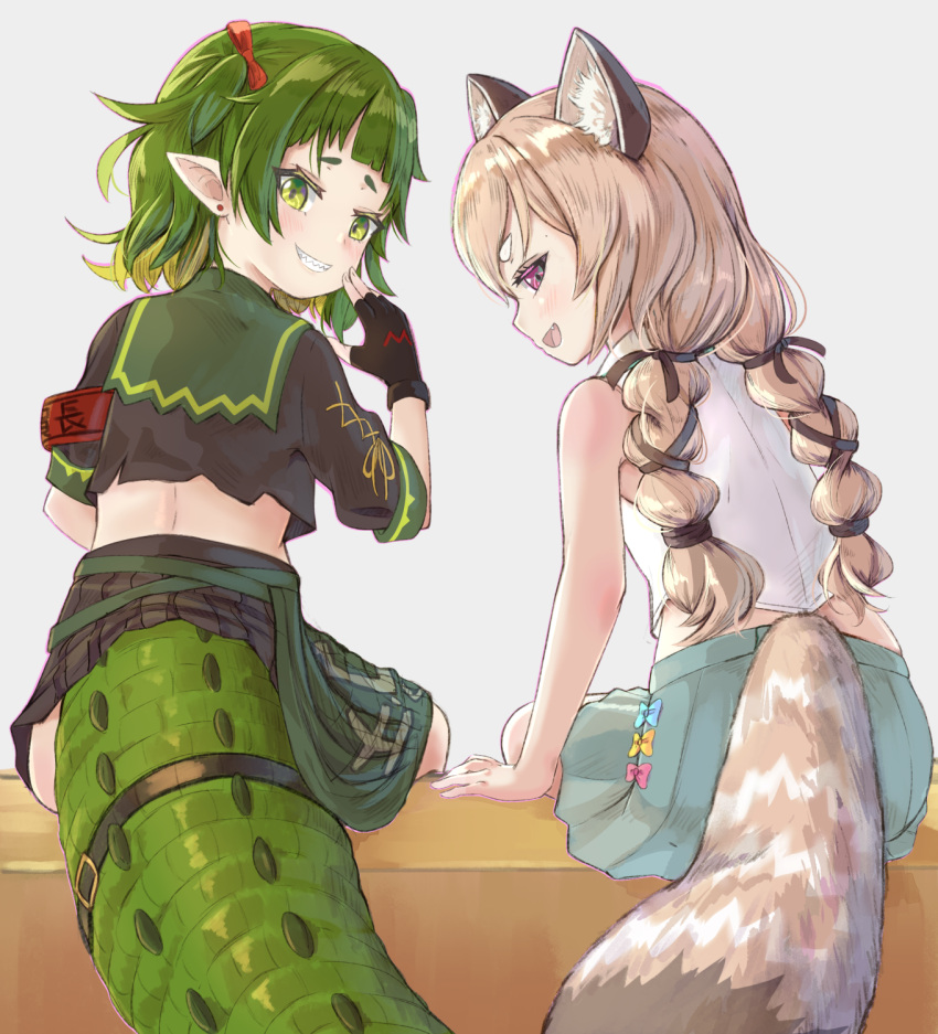 2girls, animal_ear_fluff, animal_ears, armband, ass, black_shirt, black_skirt, brown_hair