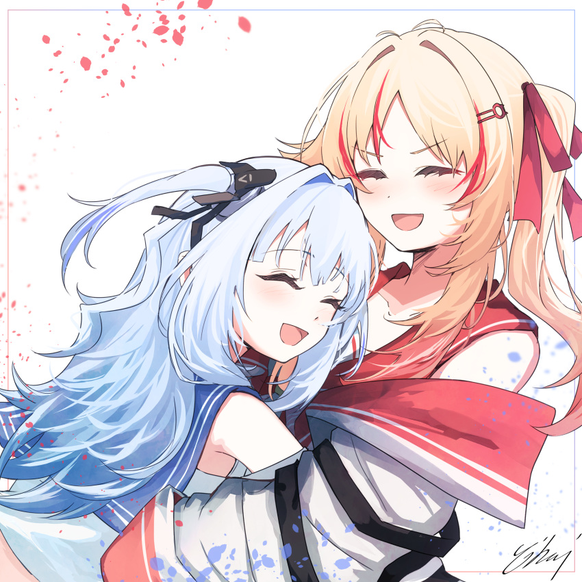 2girls, absurdres, blonde_hair, blue_hair, blush, commentary_request, first_stage_production, highres, hinomiya_himari, long_hair, multiple_girls, namiyoi_kanade, open_mouth, side_ponytail, simple_background, smile, virtual_youtuber, white_background, yoihami_294