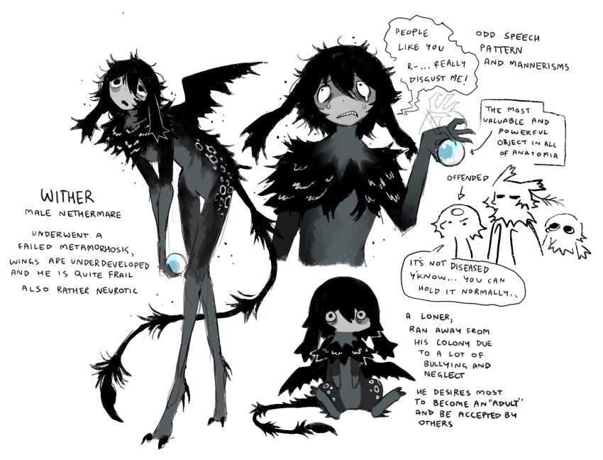 1boy, :o, black_fur, black_hair, black_tail, black_wings, body_fur, chibi