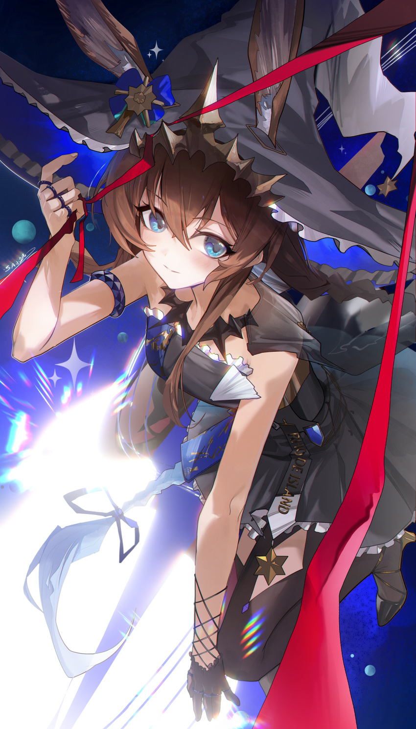 1girl, absurdres, amiya_(arknights), animal_ear_fluff, animal_ears, arknights, bare_arms, black_dress, black_gloves, black_hat, black_pantyhose, black_shoes, blue_eyes, blush, brown_hair, closed_mouth, dress, gloves, hair_between_eyes, hat, high_heels, highres, long_braid, long_hair, looking_at_viewer, official_alternate_costume, pantyhose, rabbit_ears, rabbit_girl, shoes, smile, solo, witch_hat, xiao_sa_(hayatekkk)