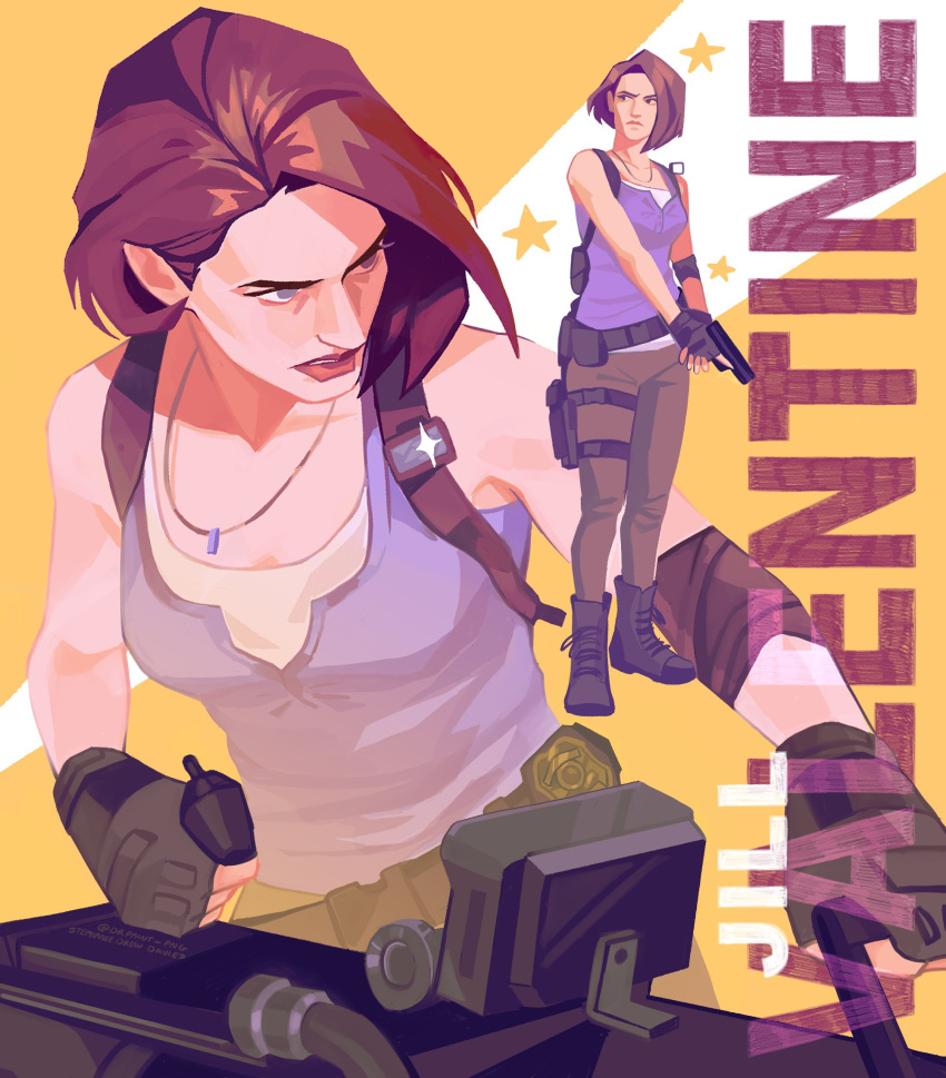 1girl, aegyo_sal, black_gloves, blue_eyes, brown_hair, character_name, chest_holster, clenched_hand