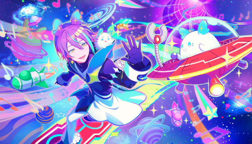 1boy, :d, blue_hair, colorful_palette, game_cg, gloves, highres, kamishiro_rui