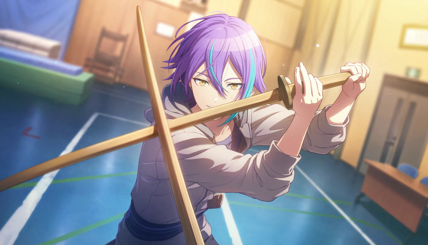 1boy, blue_hair, blurry, blurry_background, colorful_palette, game_cg, grey_jacket, hair_between_eyes