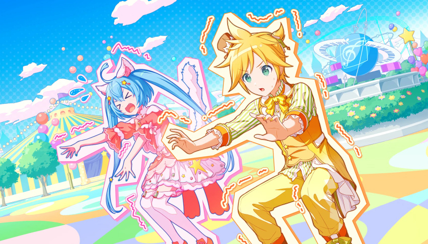 >_<, 1boy, 1girl, ahoge, animal_ears, aqua_eyes, balloon, blonde_hair