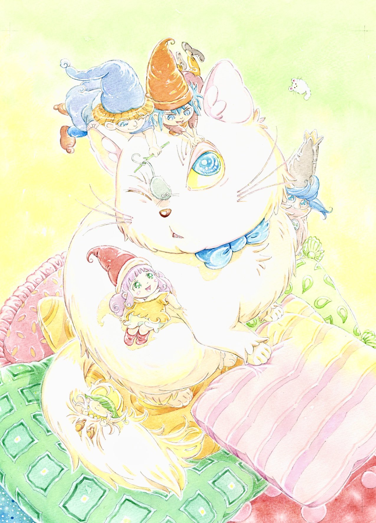 1girl, 4boys, animal, blonde_hair, bloomers, blue_bow, blue_bowtie, blue_eyes