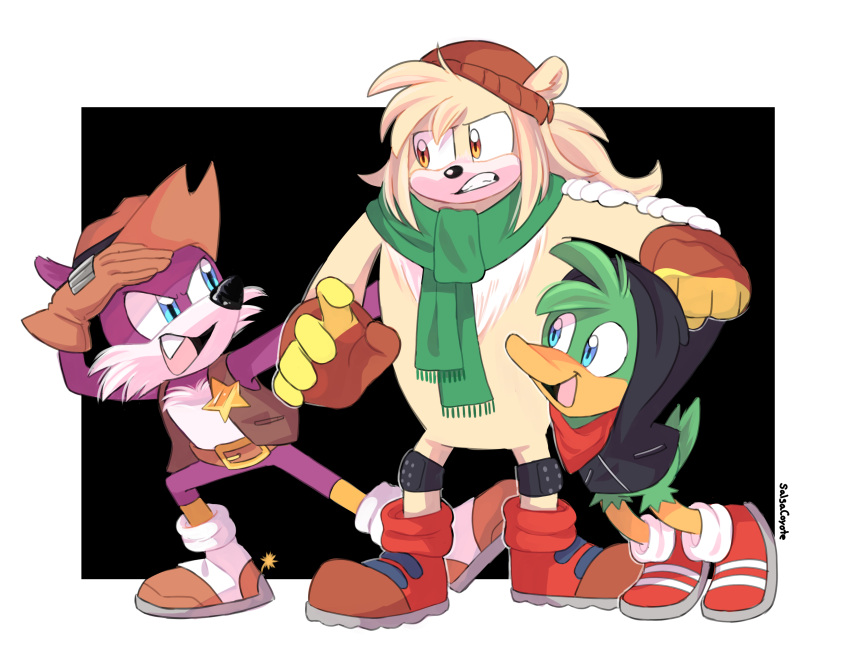3boys, absurdres, artist_name, bark_the_polar_bear, bean_the_dynamite, beanie, bear_boy, bird_boy
