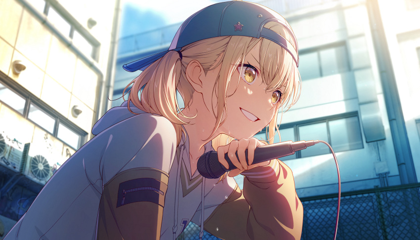 1girl, azusawa_kohane, backwards_hat, black_hat, blonde_hair, chain-link_fence, colorful_palette, drawstring