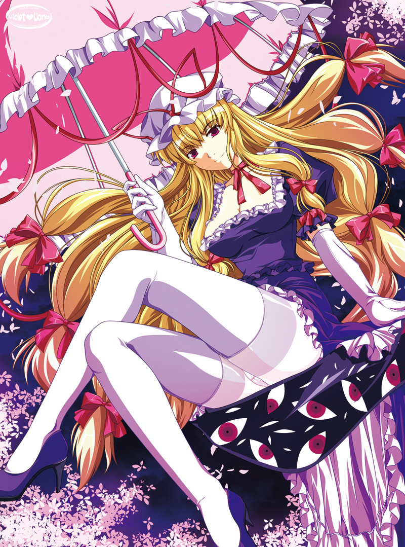 blonde_hair, bow, breasts, cherry_blossoms, cleavage, dress, elbow_gloves, eyes
