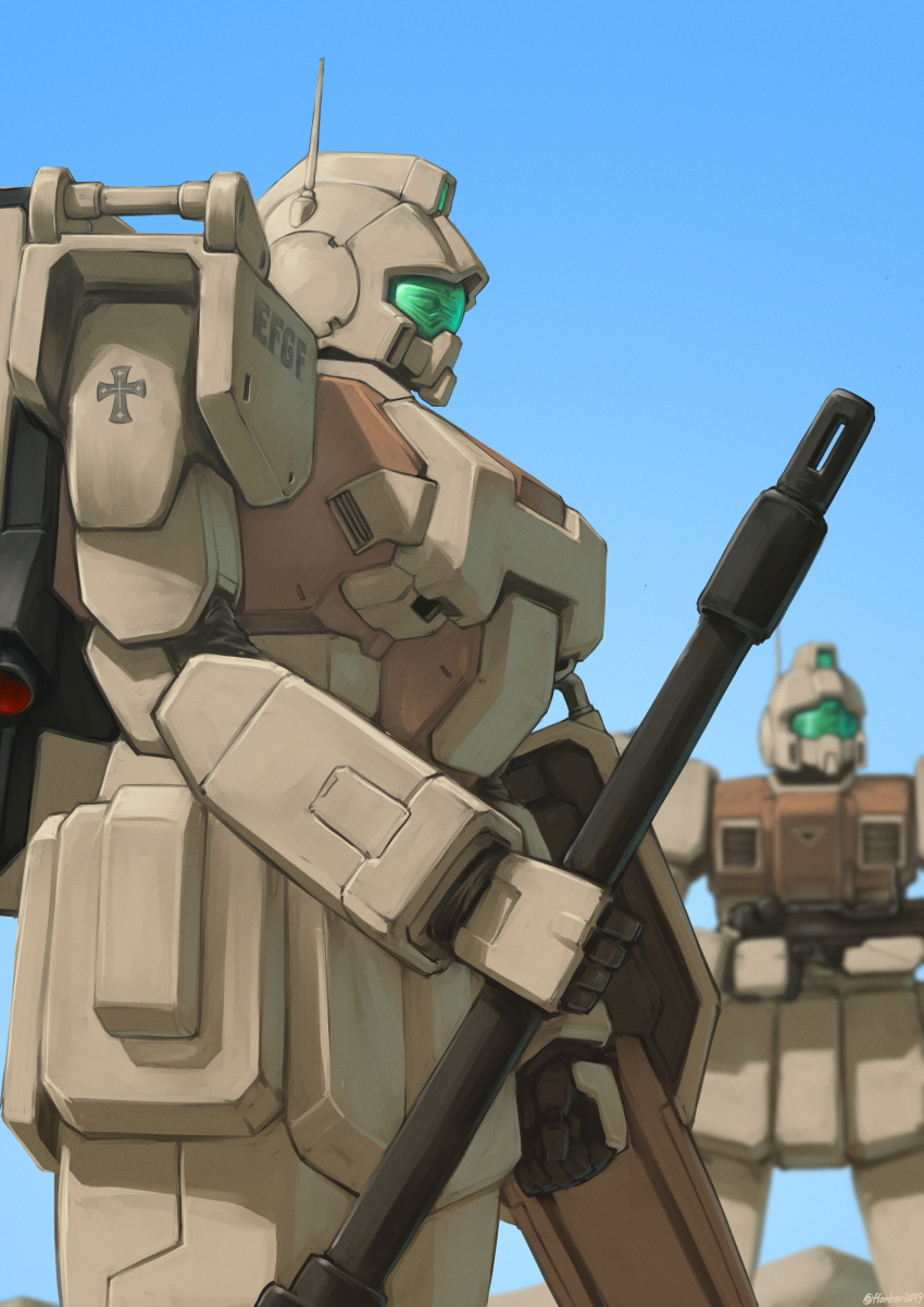 absurdres, assault_visor, commentary_request, earth_federation, flanker_(flanker8649), green_visor, ground_gm, gun