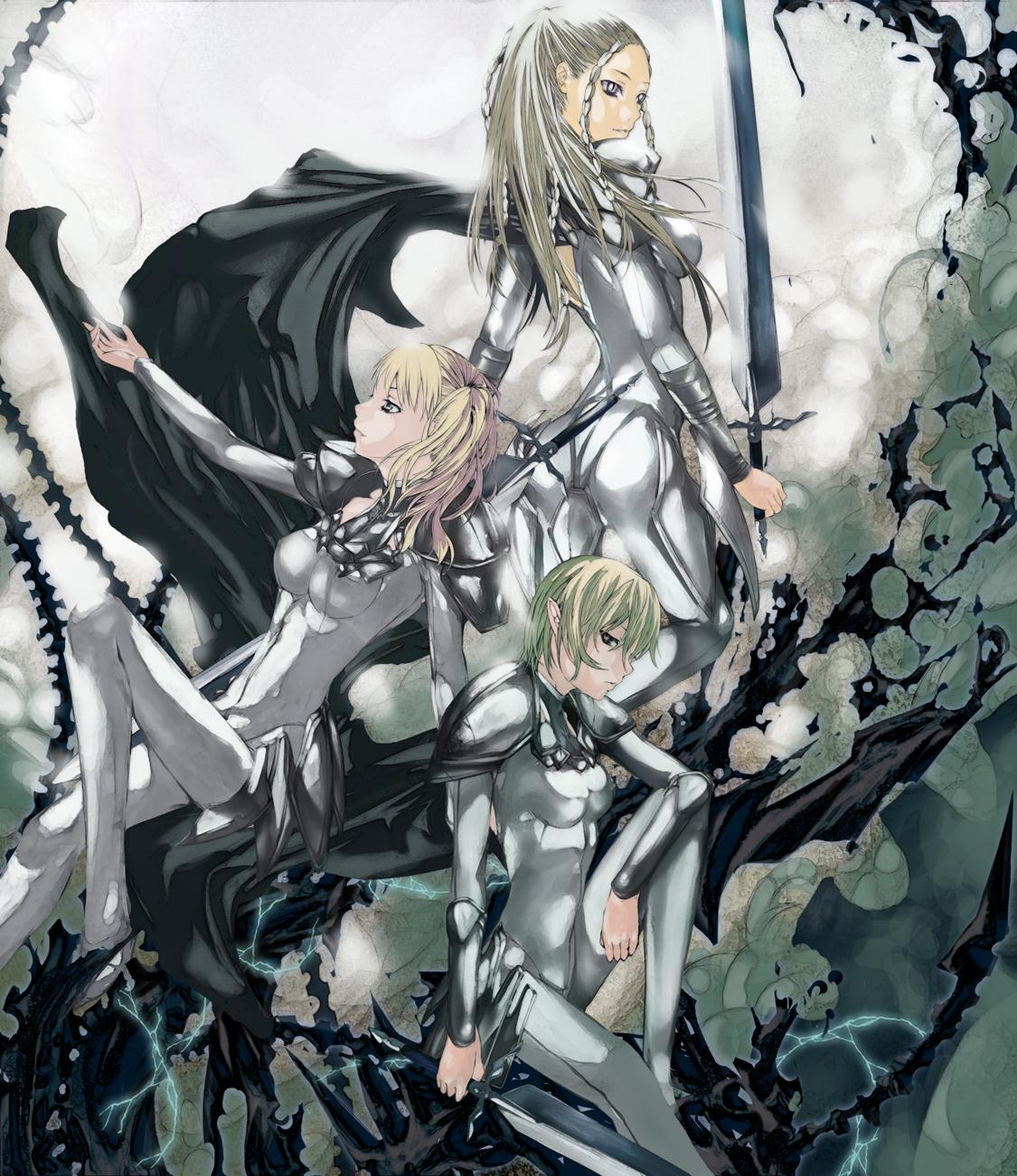 armor, blonde_hair, bodysuit, braid, cape, cassandra_(claymore), claymore, claymore_(sword)