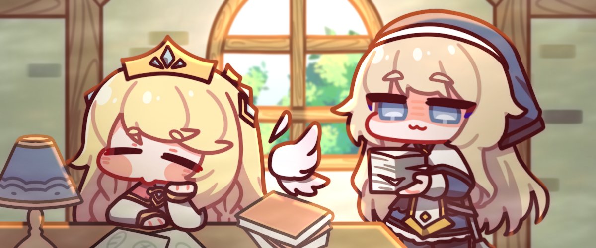 2girls, :3, black_dress, blonde_hair, blue_eyes, book, closed_mouth, commentary_request