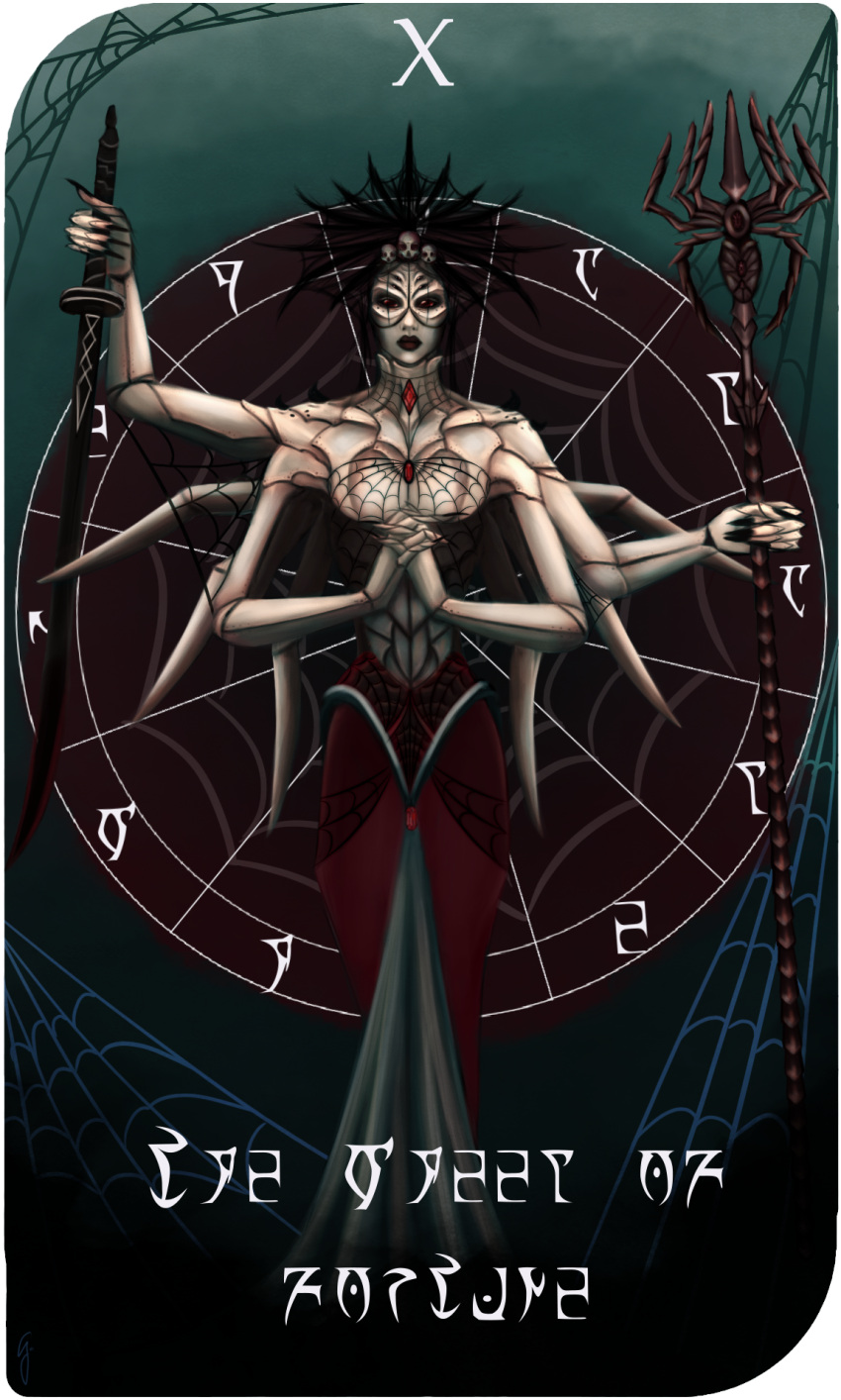 1girl, aredheelart, arthropod_girl, arthropod_limbs, black_background, black_nails, card_(medium), commentary
