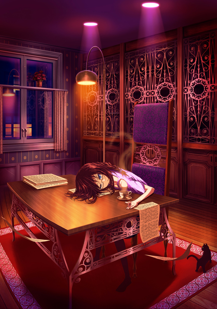 black_cat, black_cat_(animal), blue_eyes, braid, brown_hair, carpet, cat, chair, cup, desk, flower, flying_paper, glasses, gotoo_(acqua), head_rest, highres, lamp, original, paper, purple, reflection, sitting, solo, steam, teacup, thigh-highs, thighhighs, window, wink, wooden_floor