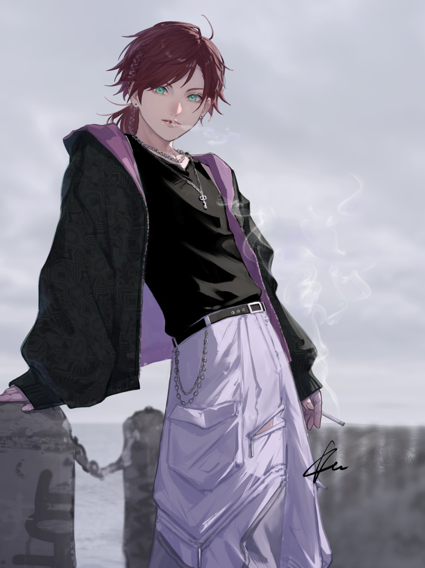 1boy, absurdres, alternate_costume, black_jacket, black_shirt, cigarette, clouds, cloudy_sky