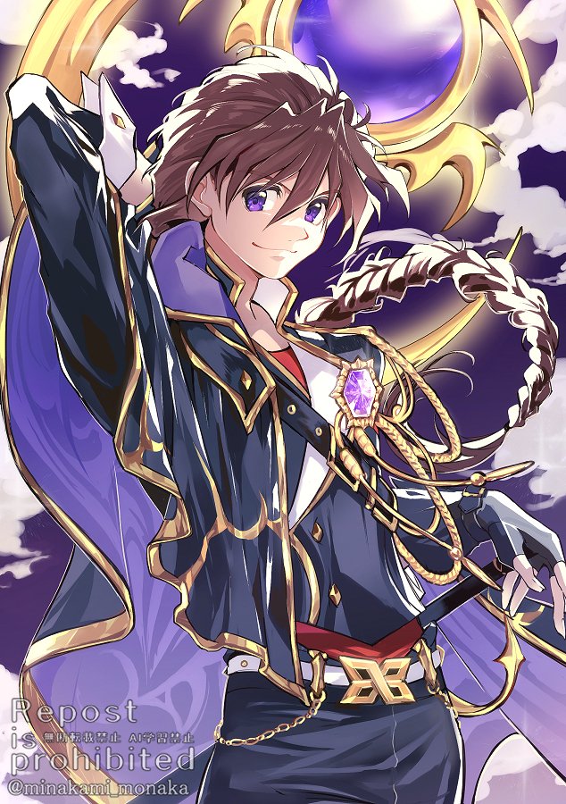 1boy, arm_behind_head, black_jacket, black_pants, braid, brown_hair, cape, closed_mouth