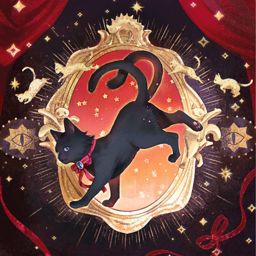 absurdres, aikou_echo, animal, arknights, black_cat, blue_eyes, brooch, cat